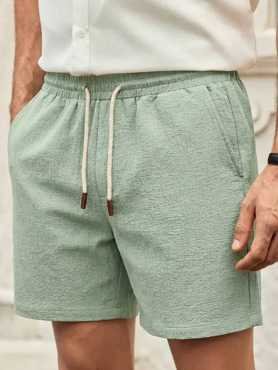 

Mens Sage Green Casual Linen Drawstring Waist Shorts With Pockets