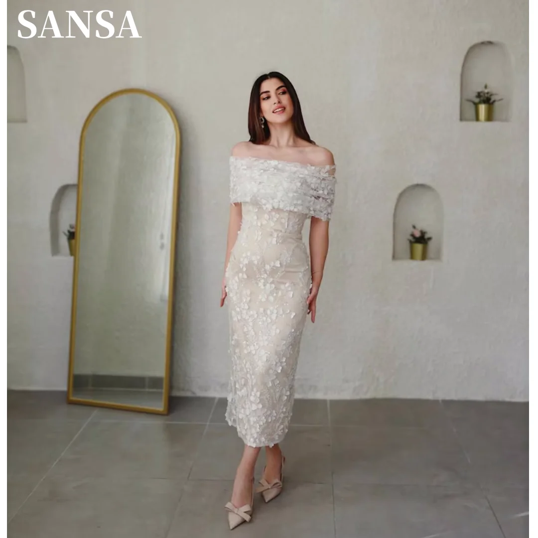 Sansa Off White فساتين السهرة Lace Embroidery Off Shoulder Tulle Mermaid Vestidos De Noche Ankle-Length Customized Prom Dresses