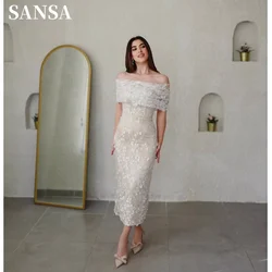 Sansa Off White فسات ört!! Renda Bordado Fora Do Ombro Tule Sereia Vestidos De Noche Tornozelo Vestidos de Baile Personalizados