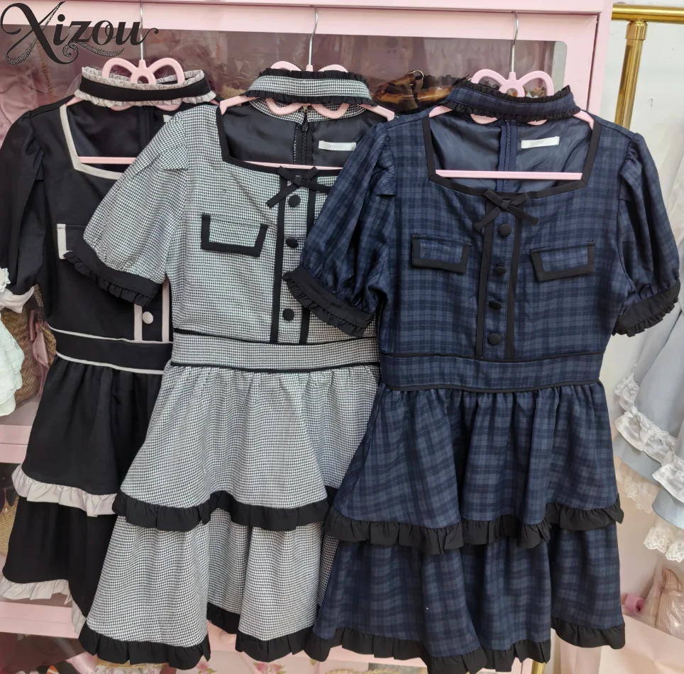 Women Plaid Contrast Ruffle Trim Bow Stand Collar Puff Short Sleeve Dress High Waist Layered Sweet Lolita Dresses Summer