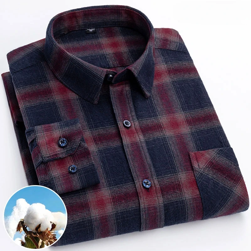 New in shirt plus size 6xl 100%cotton sanding long-sleeve shirts for men soft slim fit Casual plaid tops korean popular clothes