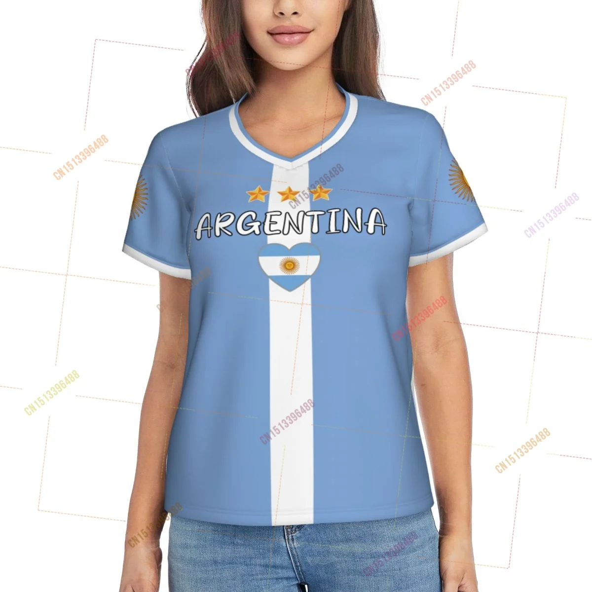 2026 Argentina Flag Shirts Women Patriotic Tee Tops V-Neck Short Sleeve Summer Soft Breathable Lady Y2k T-Shirt