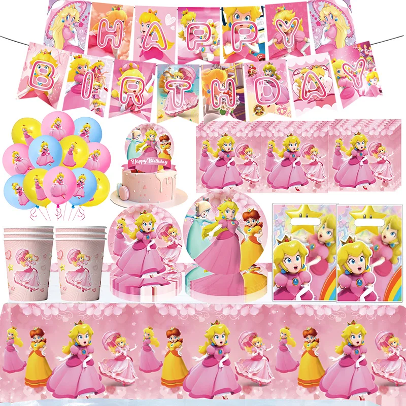 

89PCS Princess Peach Birthday Party Decoration Tableware Cup Plate Tablecloth Napkin Gift Bag Balloon for Kids Girls Baby Shower