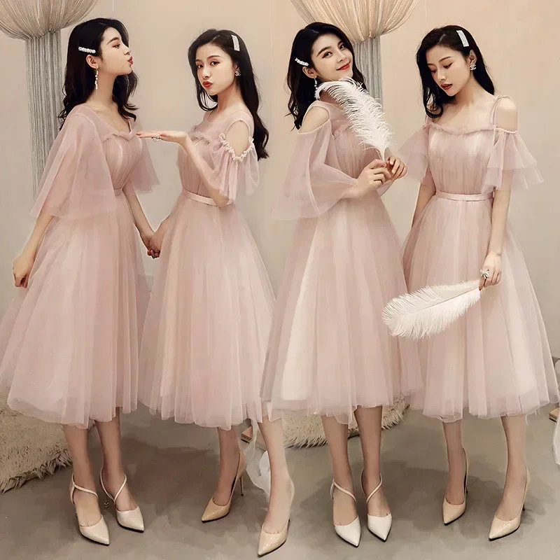 Itu Yiiya disesuaikan pengiring pengantin gaun Pink Tulle lengan pendek A-line Vestidos Tea-Length Plus ukuran wanita pesta gaun Formal R285