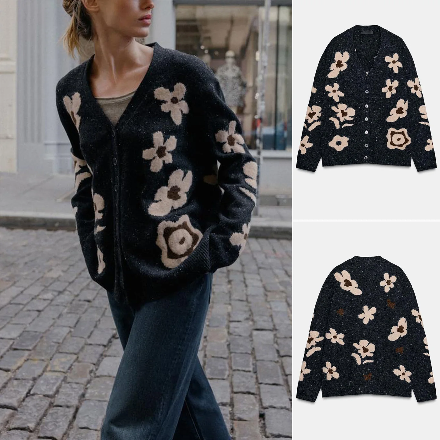 

Winter New Women's Loose Knitted Long Sve V-Ne Floral Embroidery Single Button Coat Casual French Sle Polyester Fiber