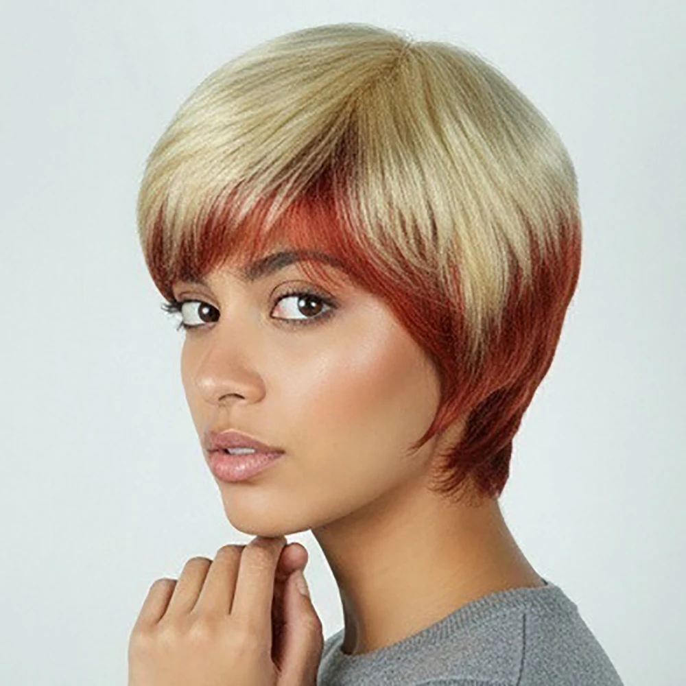 

Short Pixie Cut Human Hair Wig For Women 6Inch Full Machine Made Wig With Bangs Ombre 613 Blonde Brown Layered Wigs