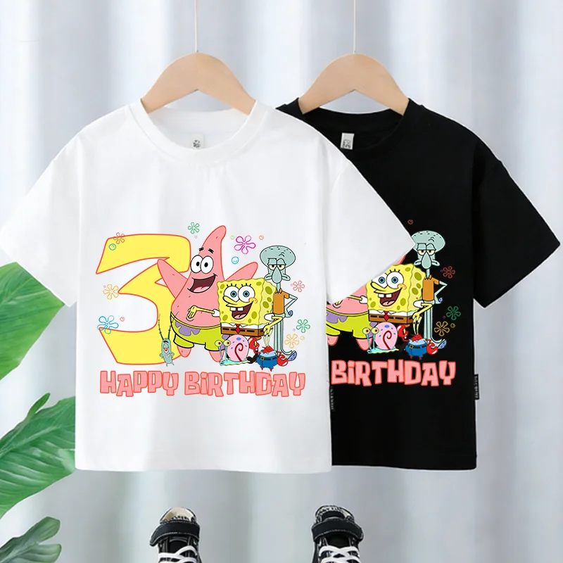 

Футболка с цифровым принтом Спанч Боб для дня рождения (1-9 лет), мультяшная, с милым принтом, летняя, хлопковая, мягкая, с коротким рукавом, подарок
