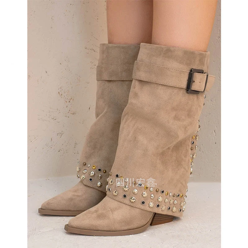 

Женские замшевые ковбойские сапоги до середины икры, модные ботинки в стиле вестерн, ботинки в форме звезды со стразами на массивном каблуке на осень-зиму