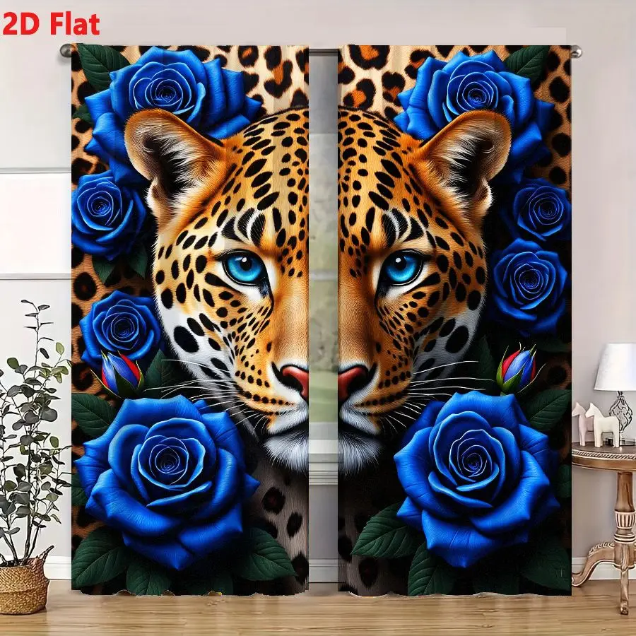 2Pcs Curtain Leopard Green Leaf Blue Rose Window Drapes For Bedroom Living Room Decoration Window Treatment.