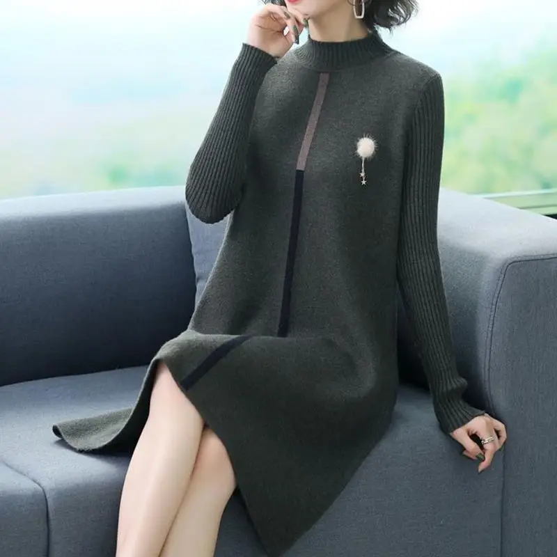 Women Autumn Winter Oversize Dress Knitting Sweater 2024 New Fashion Half High Collar Solid Patchwork Slim Office Lady Dress