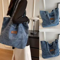 Washed Denim Underarm Bag Fashion  Buckle Letter Design Tote Bag Large Capacity Shopping Bag