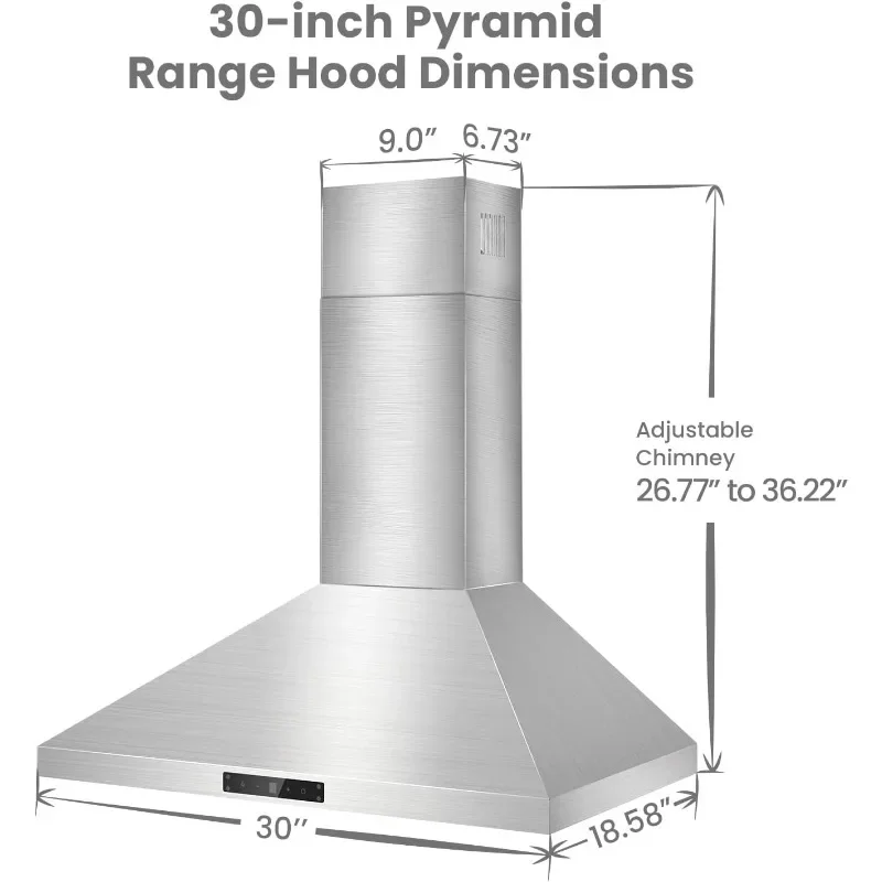 HAOYUNMA wall mount range hood 30 Inch 450 CFM 3 Speed Gesture Sensing &Touch Control Panel Stainless Steel Wall Mount Ductless