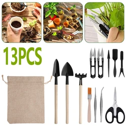 13pcs Mini Garden Shovel Rake Spade Scissors Bonsai Tools Set Wooden Handle Scissors for Flowers Potted Plant Garden Weeding