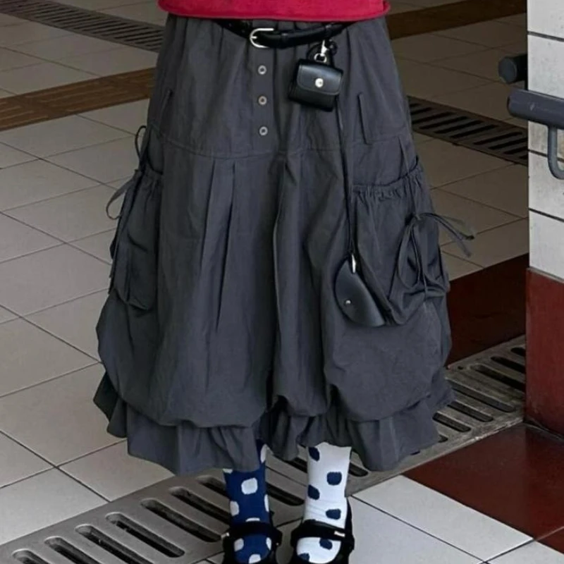 Korean Vintage Fashion Y2K Cargo Bubble Hem A-Line Maxi Skirt Large Pockets High Waist Kawaii Versatile Long Skirts for Women