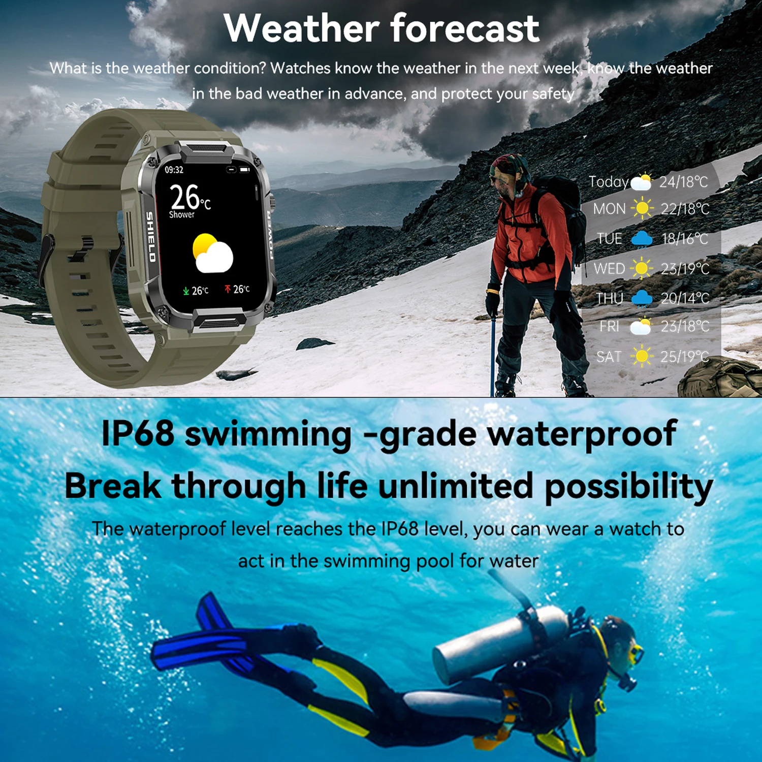 Nieuw robuust militair waterdicht slim horloge Heren BT Call Health Monitoring AI Voice Assistant Lange batterijduur Sport Smart Watch