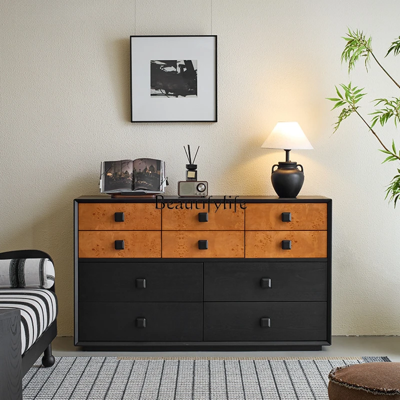 

Light sandalwood retro chest, living room next to the wall sofa, floor-to-ceiling black medieval locker