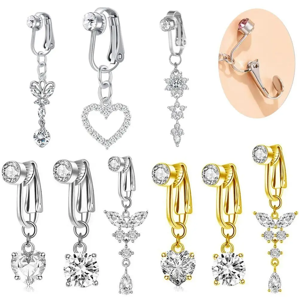 Zircon Clip on Belly Button Ring Heart Design Dangling Chain Style Fake Belly Button Gold Butterfly No Piercing Belly Ring
