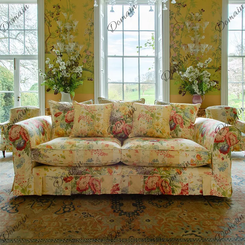 French medieval fabric sofa B & B pastoral floral sofa American country living room oil painting style three-person sofa