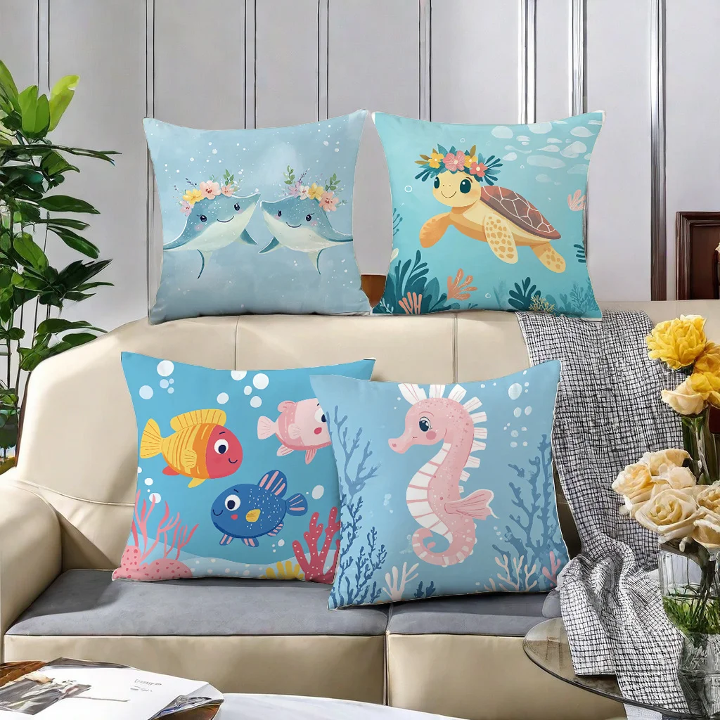 Adorable Ocean Mermaid Dolphin Sea Life Pillowcase Set 4pcs Nautical Under Sea Decor Cushion Cover 40x40cm for Kids Kids Room
