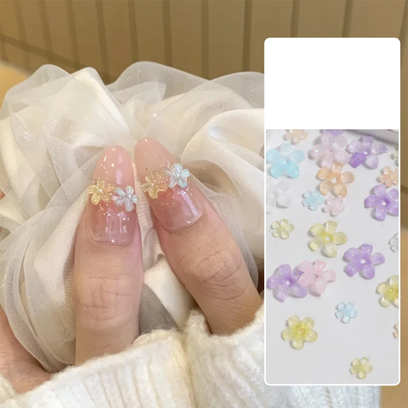 **50Pcs Five Petal Flower Nail Art Charms Shine 3D Nail Decoration Macaron Color Manicure Accessories Resin Material DIY