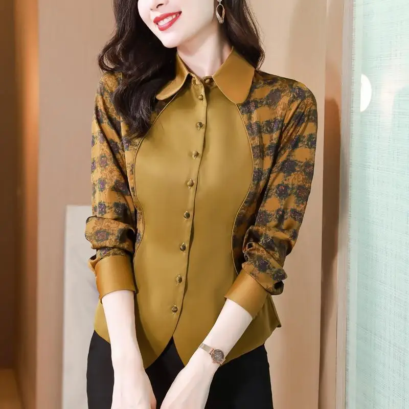 Women 2024 Spring New Middle Age Comfortable Patchwork Long Sleeves Tops Unique Lattice Flip Collar Corset Temperament Shirt