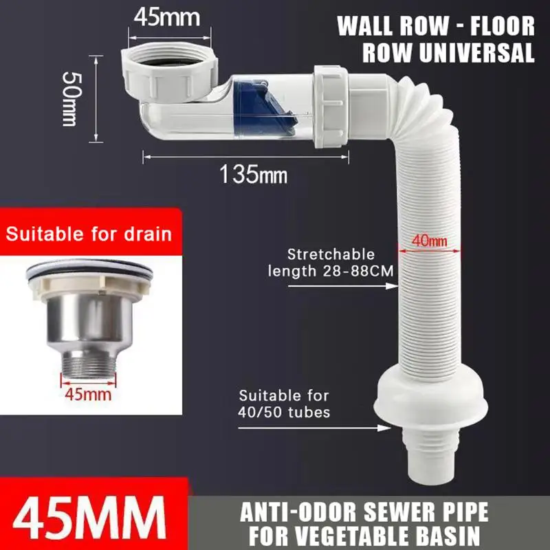 Easy to Install ABS Flexible Siphon Drain Hose G1 1/2 Inch Extendible Sink Waste Pipe for Home DIY Plumbing Projects