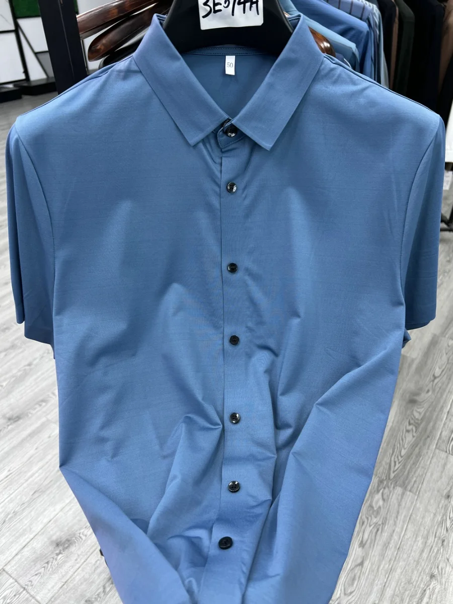 

Slim Fit ort Sve Busin irt Sl Fabric Elastic Base Layer Glued Ss Faionable Urban Sle Youth Commute Wear