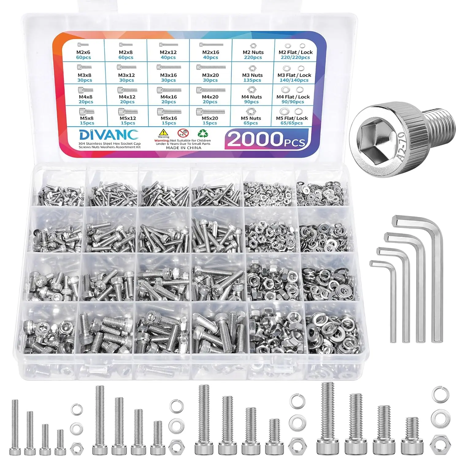 

2000PCS Metric Screw Assortment Kit M2 M3 M4 M5 with Nuts Washers Allen Wrenches, 304 Stainless Steel Hex Socket Head Cap Screws