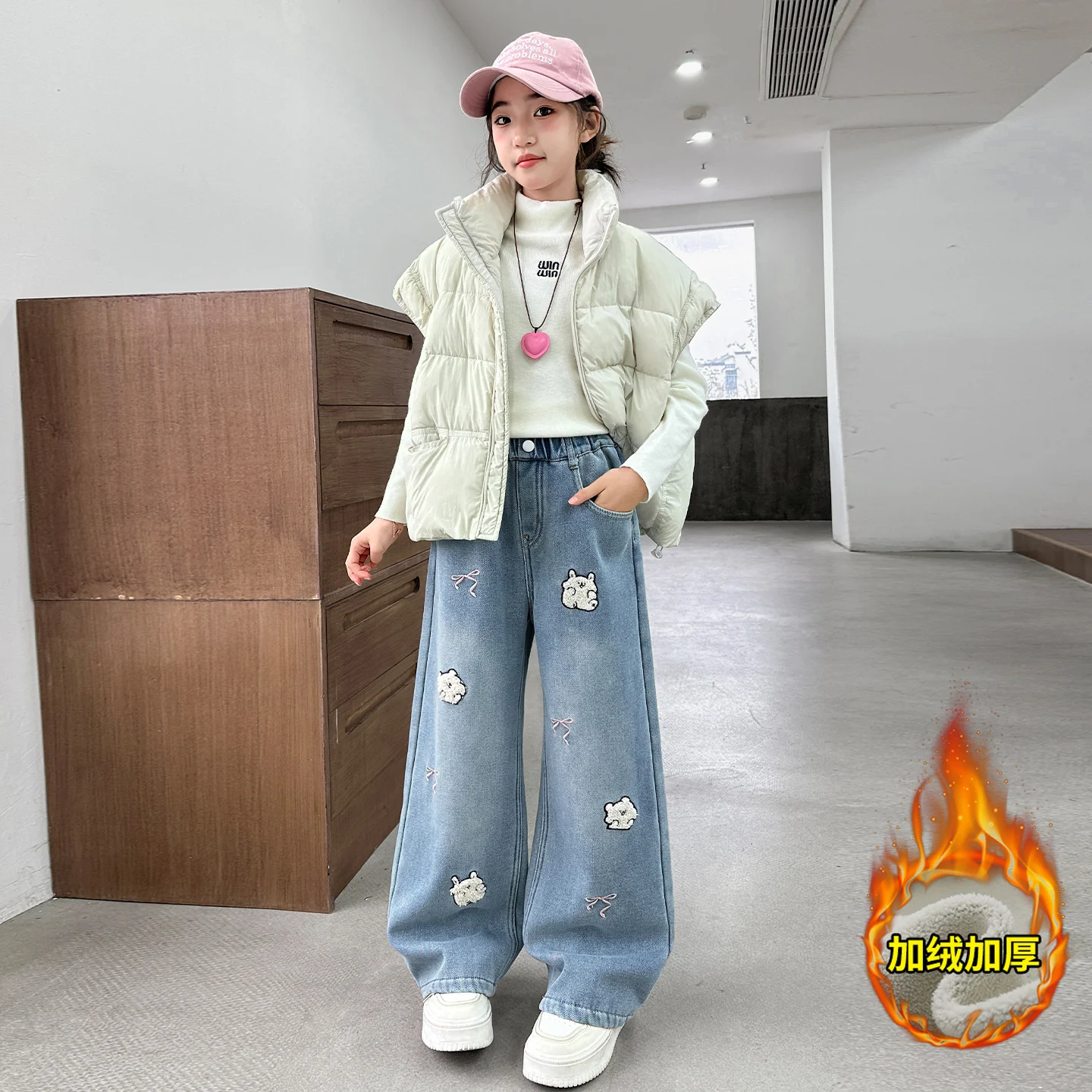 4-14Year Old Kid Cartoon Embroidery Jeans Girl Autumn New High Waisted Insulated Wide Leg Pants Retro Casual Blue Straight Denim
