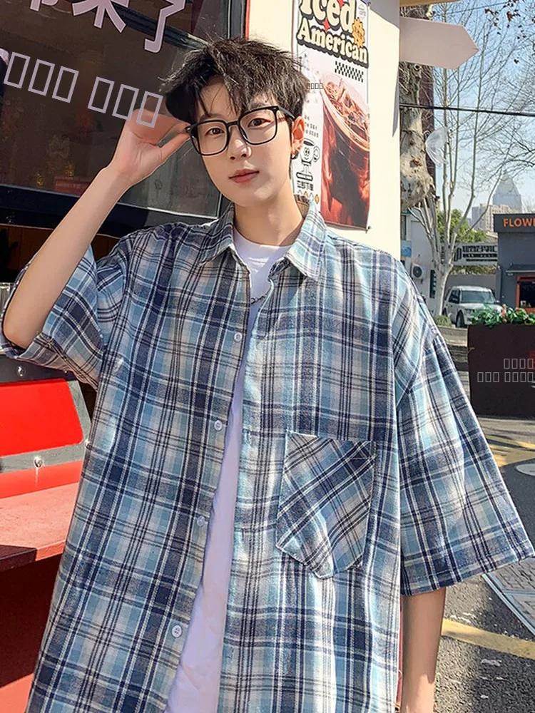 

Casual Short Sleeve Shirt Men's Summer New Plaid Brushed Hong Kong Style INS Versatile Trendy Cool Teenage Shirt Polyester Fiber