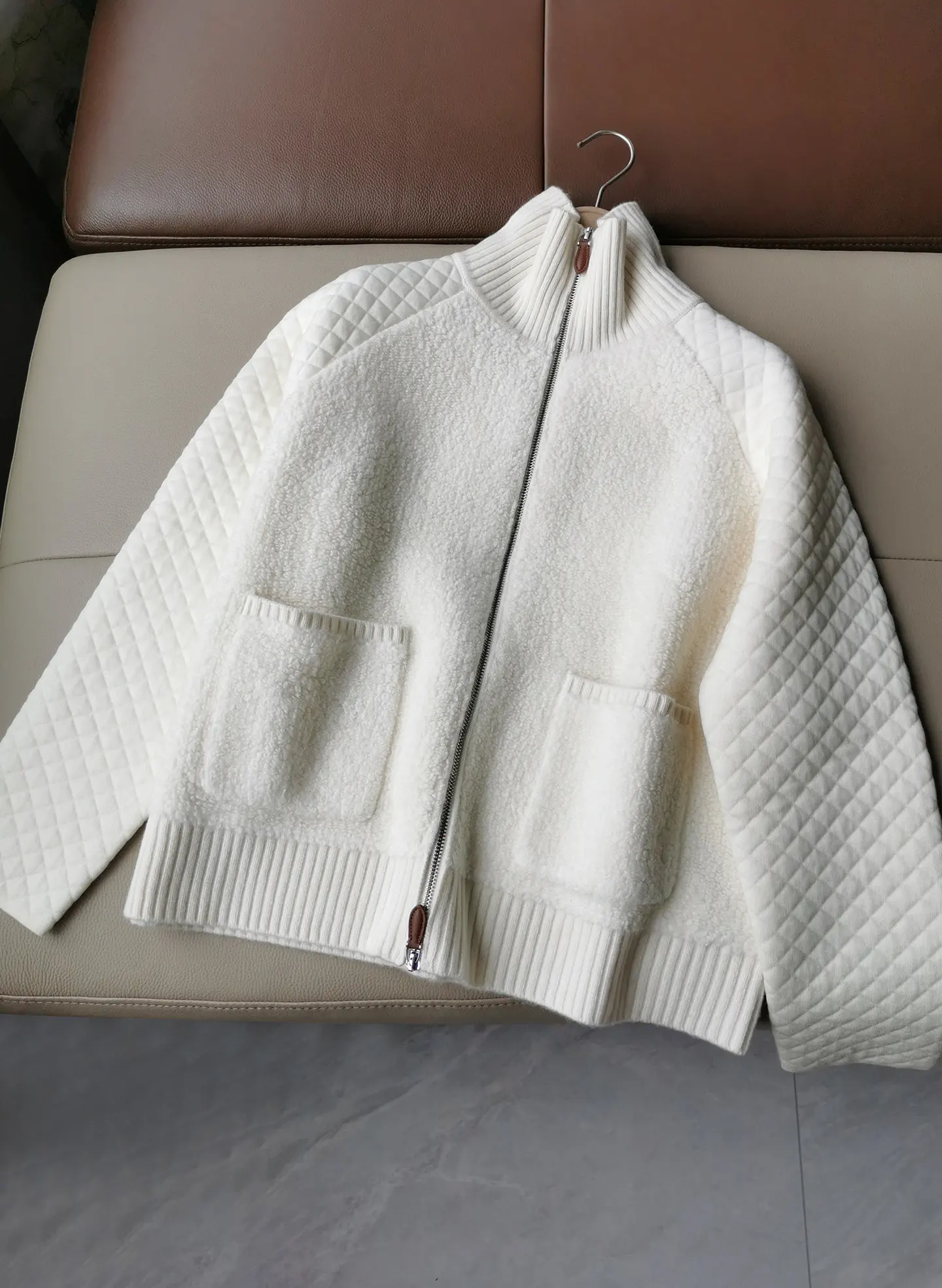 Women's 2026 Autumn Winter New Cashmere Wool Pocket Splicing High Neck Zipper Knitted Cardigan Jacket