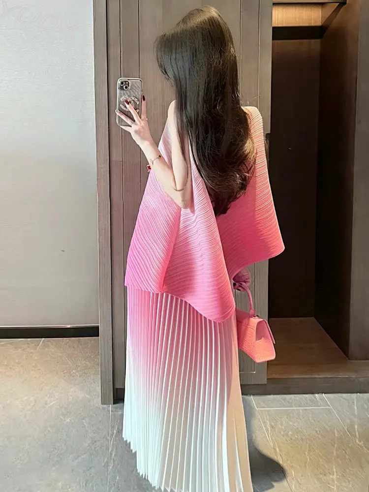 Miyake High-end Tops Long Skirt Women Two-piece Set 2023 Summer New Loose Pleated Irregular T-shirt + Gradient Color Skirt Set