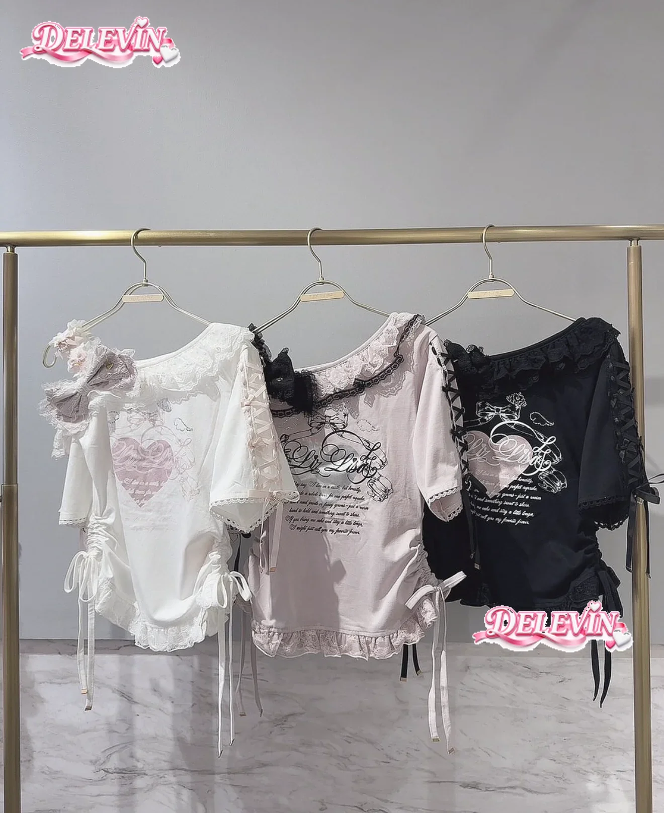 Japanese Liz Summer Tshirt Sweet Short-sleeved Off-the-shoulder Tshirt Lolita Girls Bow Lace Love Letter Printing T-shirts Tops