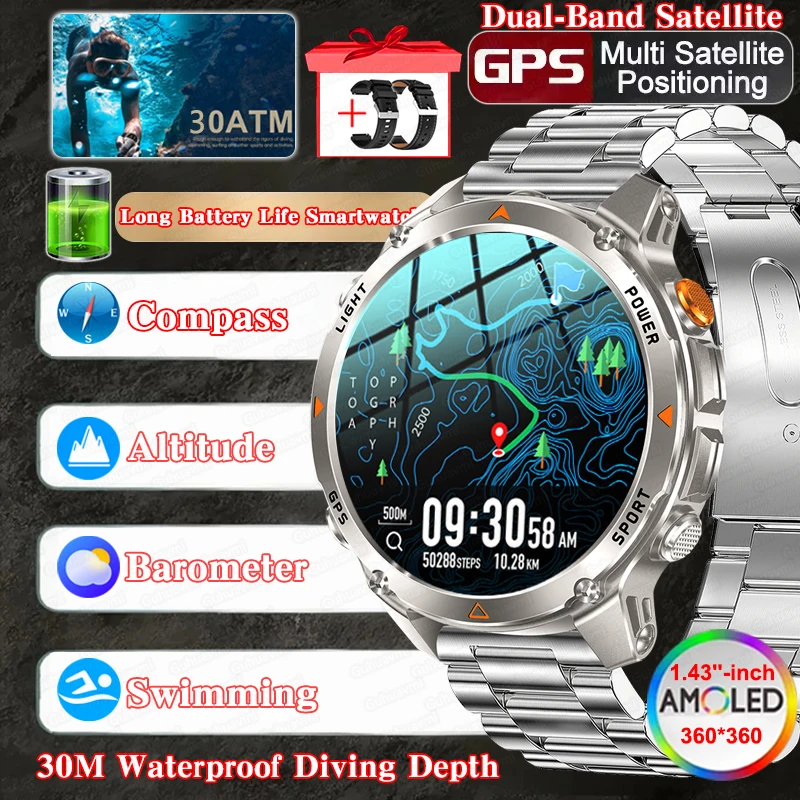 

T-Rex 3 Ultra GPS Smart Watch 30 ATM Waterproof Built-in Dual-band GNSS Compass Military Sport Bluetooth call Smartwatches Men