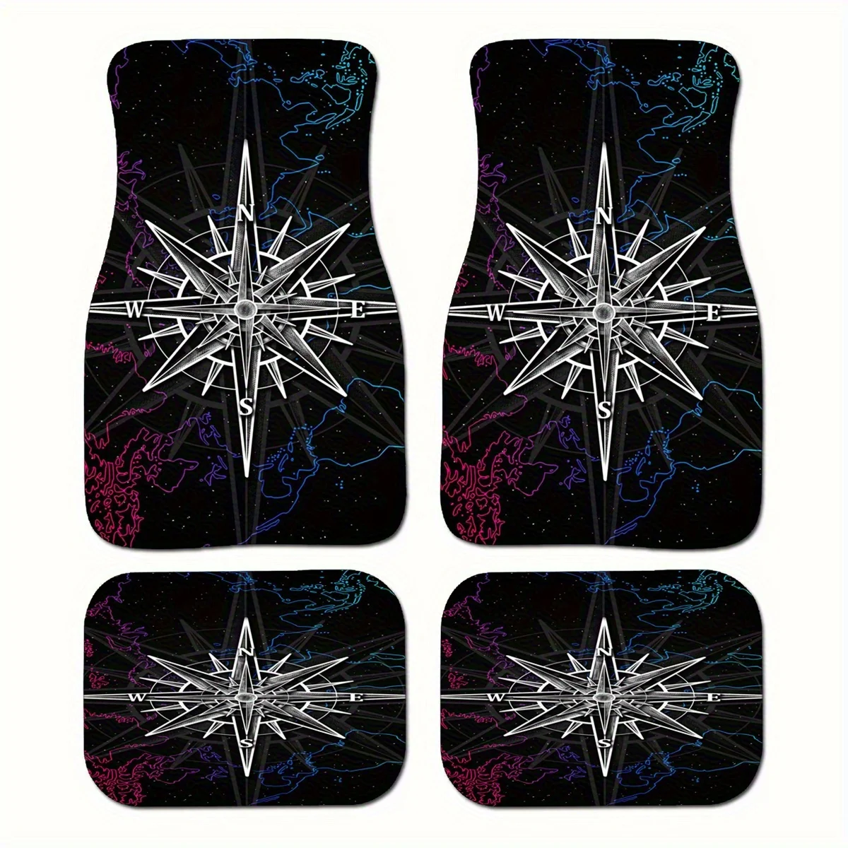 

4pcs Compass Print Car Floor Mats - Full Coverage Front & Rear Auto Accessory, Crystal Velvet Polyester Floor Liners For Sedans,