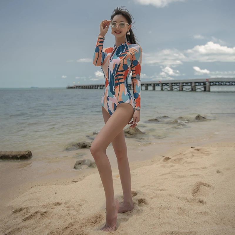 Sport Full Sleeve High-neck 1 Piece Swimsuit Women Swimwear Female Printed Surfing Bathing Suit Fitness Zipper Diving 2023 New