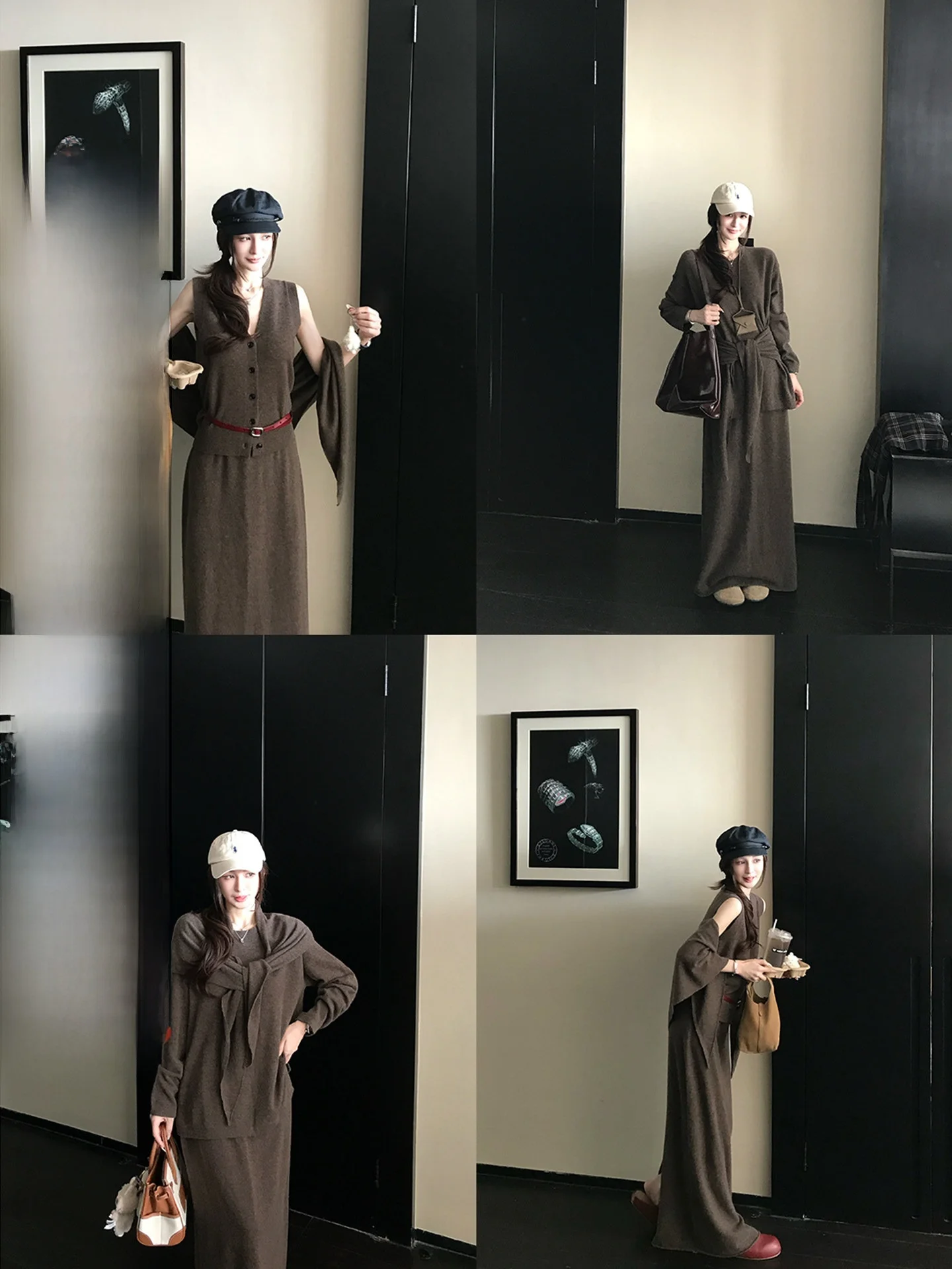 

Ele Sister 00% Wool Knitted Sweater Vest Skirt awl Four-Piece Set Casual Sle Woolen Knitwear lectual Faion