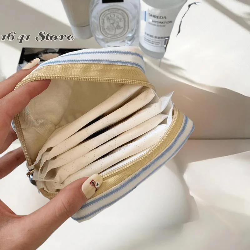 

Striped Plaid Mini Makeup Bag Square Shape Multi-functional Lipstick Storage Pouch Zipper Closure Embroidered Cosmetic Bag Women