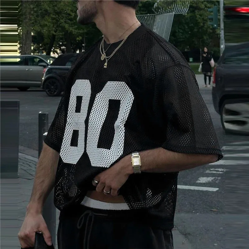 Herren 80 Nummer Bedrucktes Mesh T-Shirt Lässiges Kurzarm-Rundhals-Shirt Durchsichtiges Streetwear Übergroßes Fußball-Trikot-Stil Oberteil – Detail 2