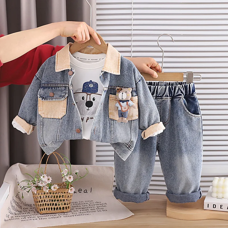Baby Boys Casual 3pcs Suit Korean Fashion Denim Jacket + Cute Bear Print Top + Elastic Waist Jeans Kids Clothes Set 0-5 Years