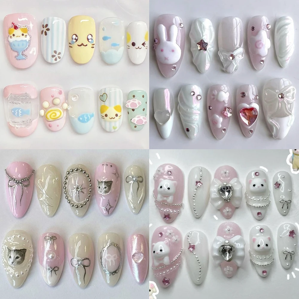 

Sweet Lovely 3D Cartoon Almond Handmade Nail Party Sticker Cute Cat Rabbit Bowknot Diamond Four-Leaf Clover Pearl Press On Nail