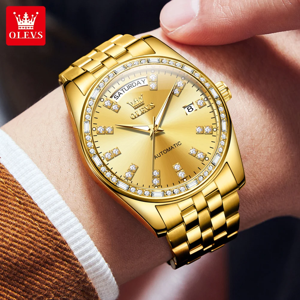 OLEVS Luxury Brand Automatic Mechanical Watch for Men Diamond Wristwatch Dress Dual Calendar Stainless steel Waterproof Watches