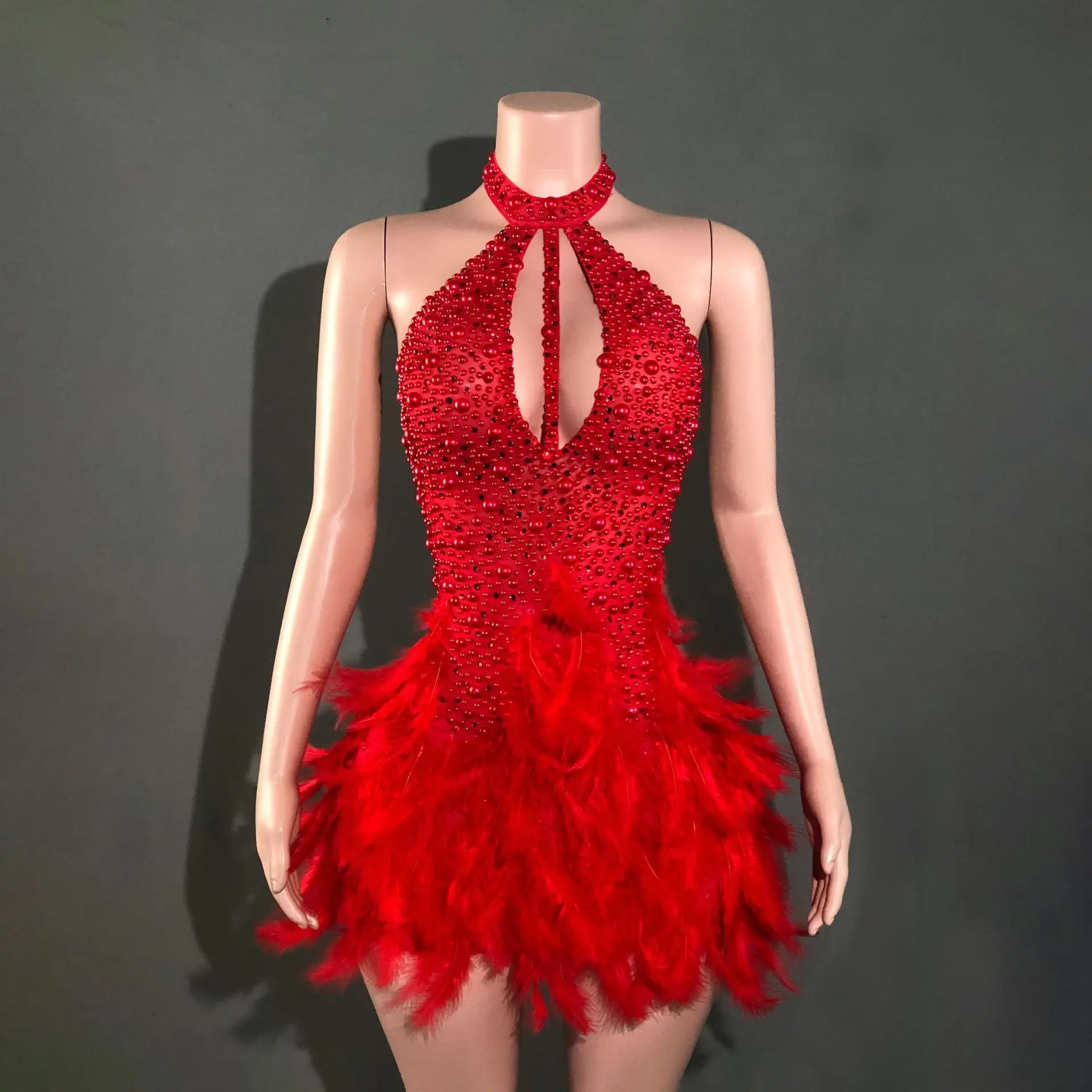 

Cute And Sexy Miniskirt, Multi-color Skirt Feather Neck, Backless Dress Stage Performance Uniform Neck Vestidos De Gala De Noche