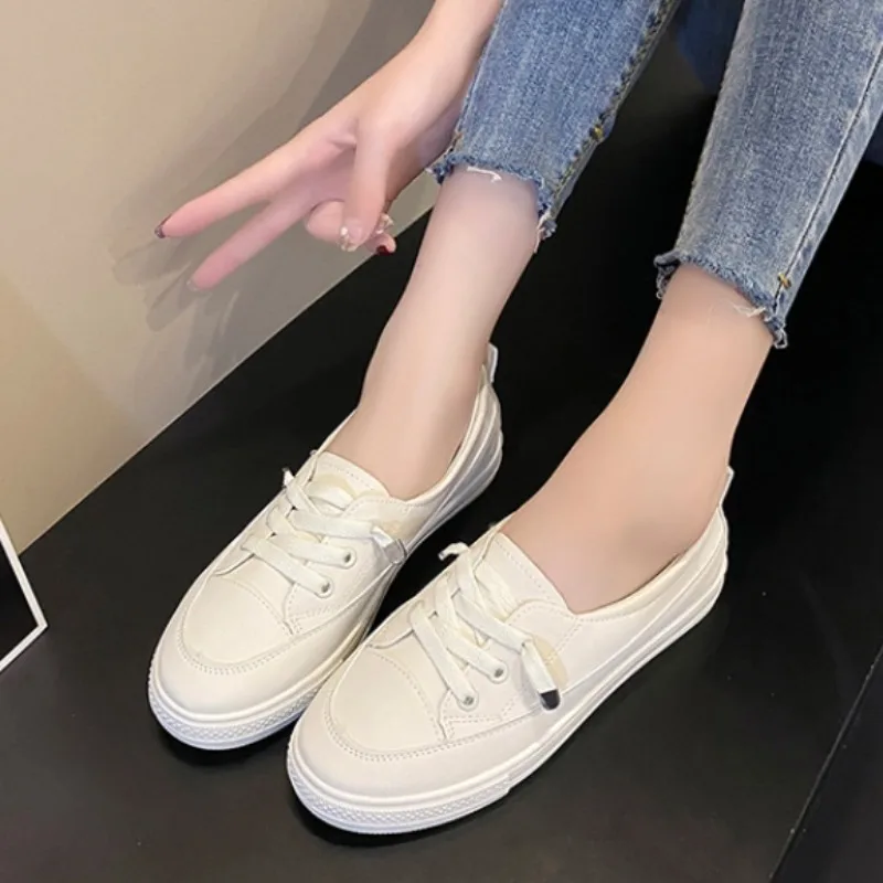 Women\'s Casual Shoes Solid Lace Up Sneakers PU Leather Vulcanized Shoes Ladies Lightweight Soft Sole Flat Shoes Slip on Loafers