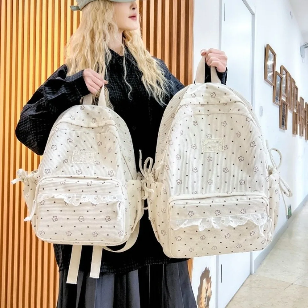 Corduroy Material Corduroy Backpack Lace Floral Print Aesthetic Design School Backpack Kawaii Style Korean Style Lace Backpack