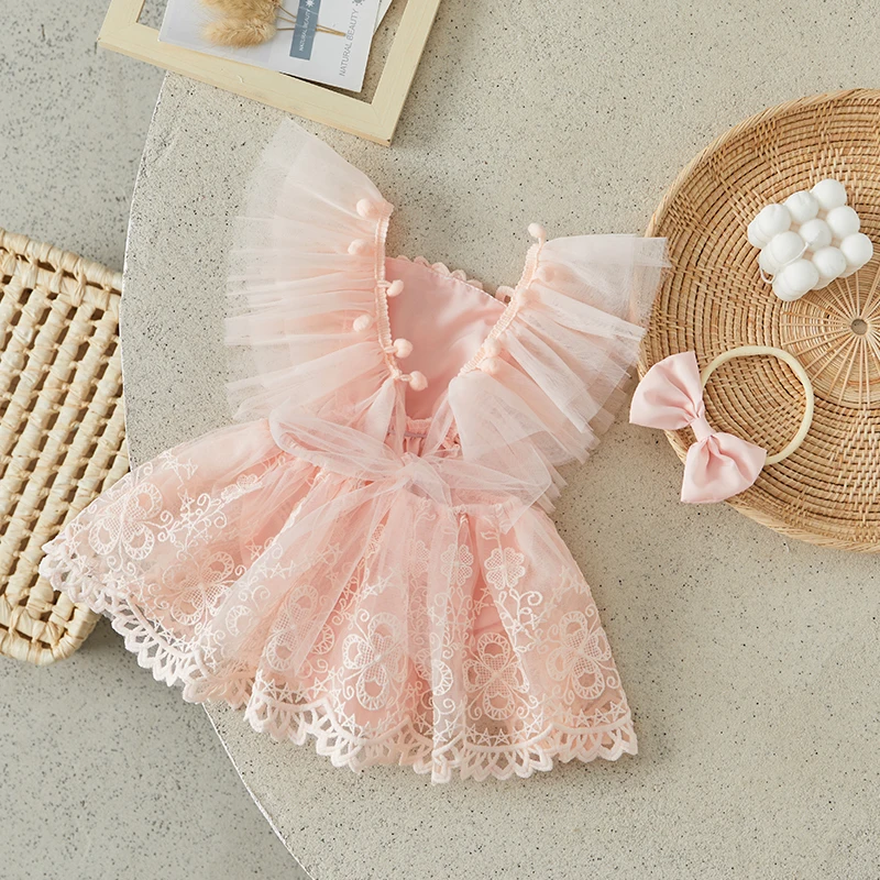 Suefunskry Baby Girl 2Pcs Summer Outfits Ruffle Sleeveless Lace Romper Dress with Headband Set 0-24Months