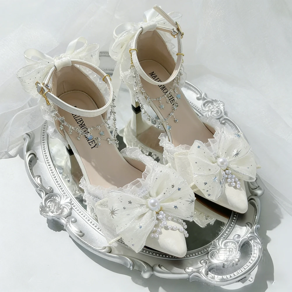 

Elegant Wedding Heels Pointed Toe Lolita Shoes White Women's Bridal Pumps Luxury Designer Party