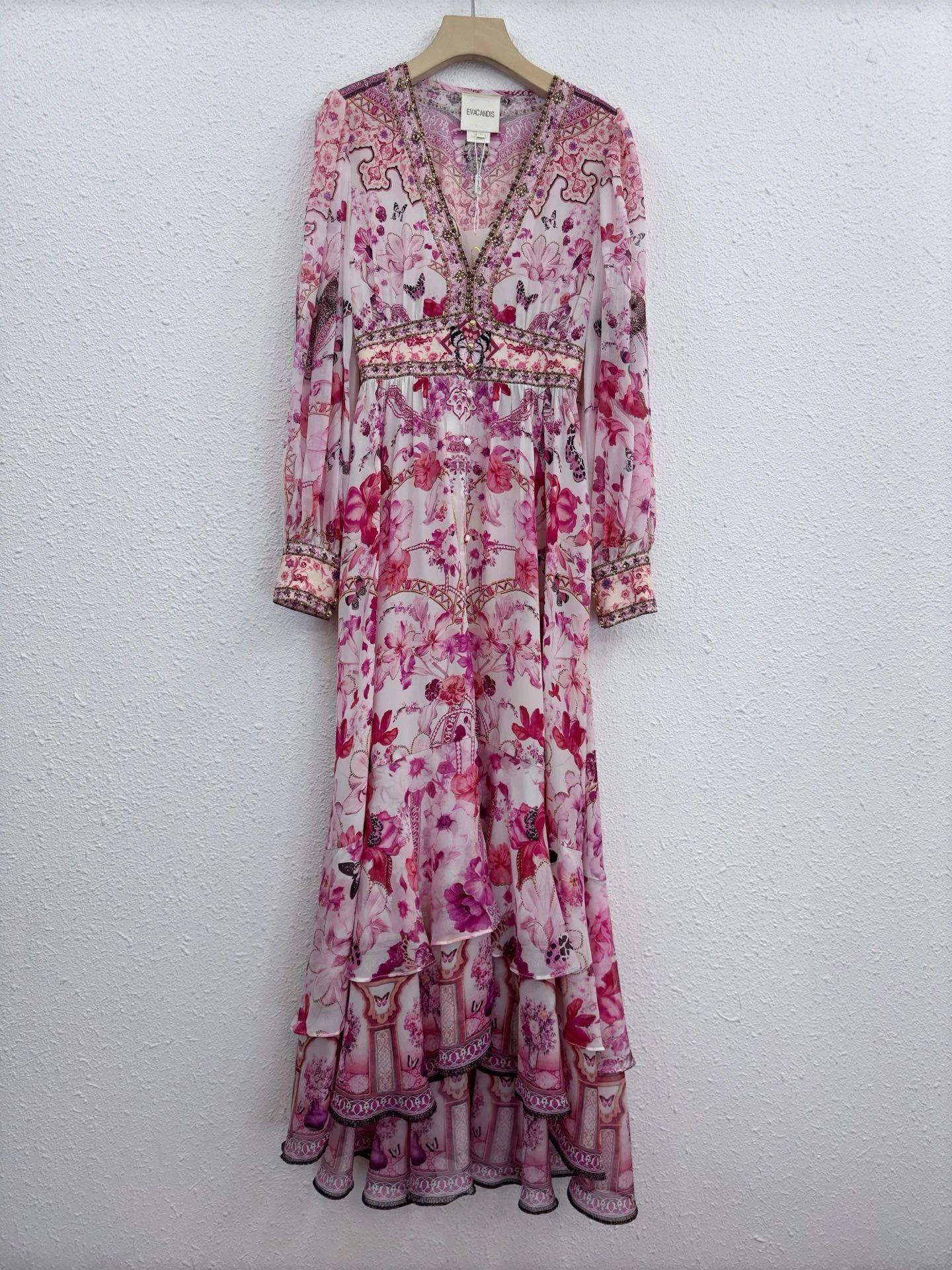 

EVACANDIS 100% натуральный шелк, роскошное женское платье высокого качества, новое платье миди с длинными рукавами-фонариками, шикарное элегантное винтажное милое платье с цветочным принтом