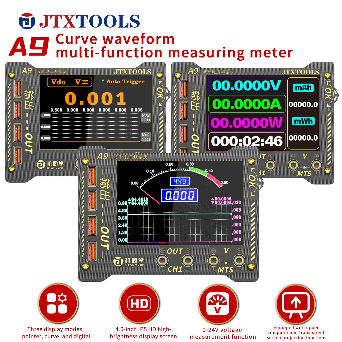 JTX A9 Curve Waveform Precision Measuring Meter 0-36V Four Display Mode Real Time Monitoring Voltage and Current Detector