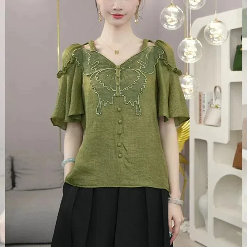 Women\'s 2024 Summer New French Spliced V-neck Button Butterfly Hollow Out Gauze Fashion Solid Slim Short Sleeve Blouses Shirts